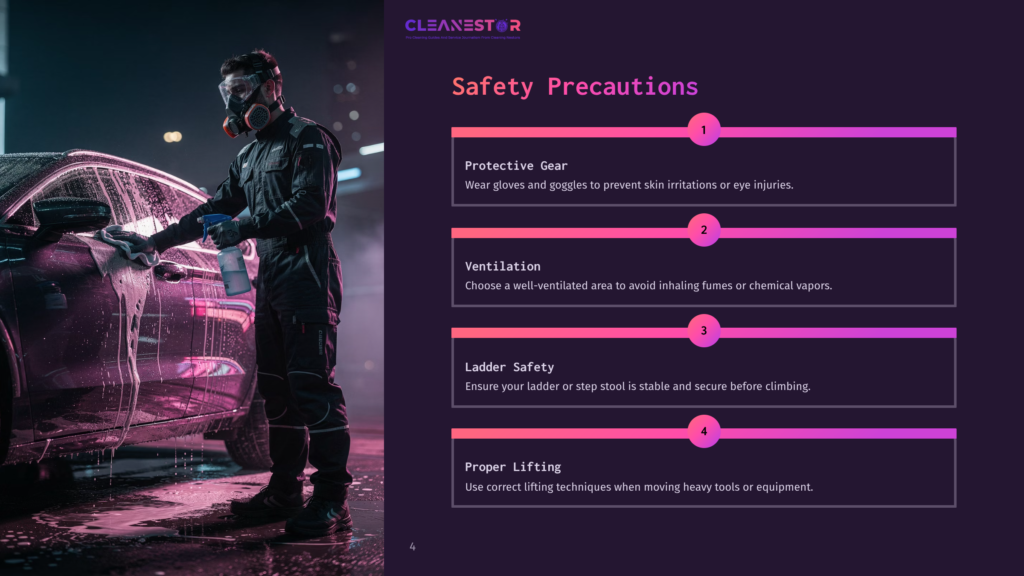 A Person In A Black Jumpsuit And Mask Cleans An Aluminum Surface, Accompanied By Safety Precautions In Numbered Sections On The Right.