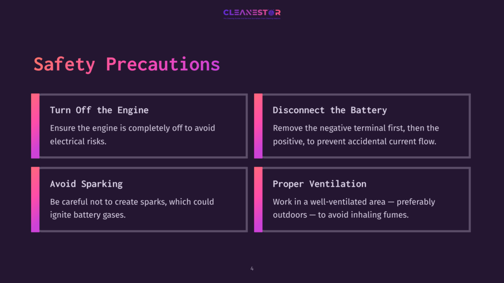 Cleanestor Safety Precautions Slide: Turn Off The Engine, Disconnect The Battery, Avoid Sparking, Proper Ventilation. Dark Purple Background With White Text.