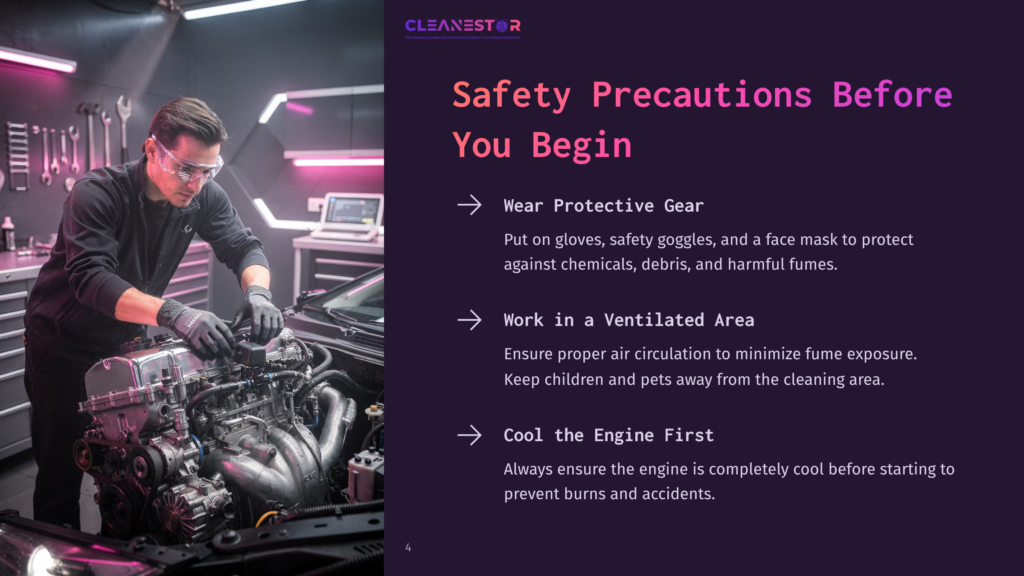 A Mechanic Wearing Gloves And Goggles Works On A Car Engine Under Pink And Purple Lighting, With Safety Tips Displayed On The Side.