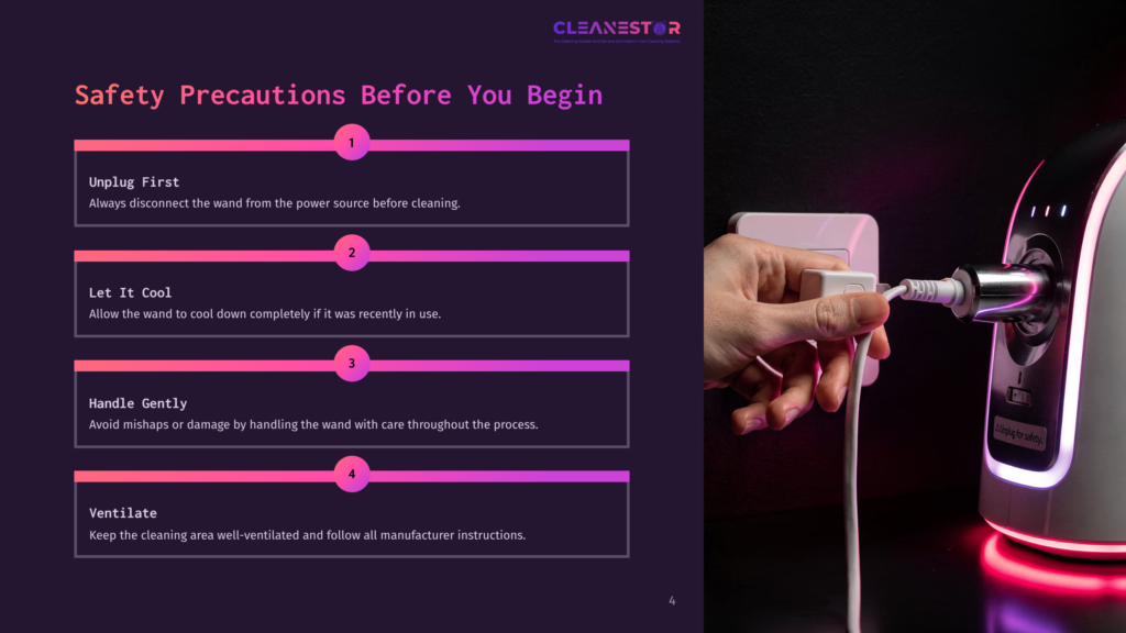 A Hand Unplugging A High-Frequency Wand From A Power Source, With A Dark Background And Safety Precautions Listed In Pink Boxes.