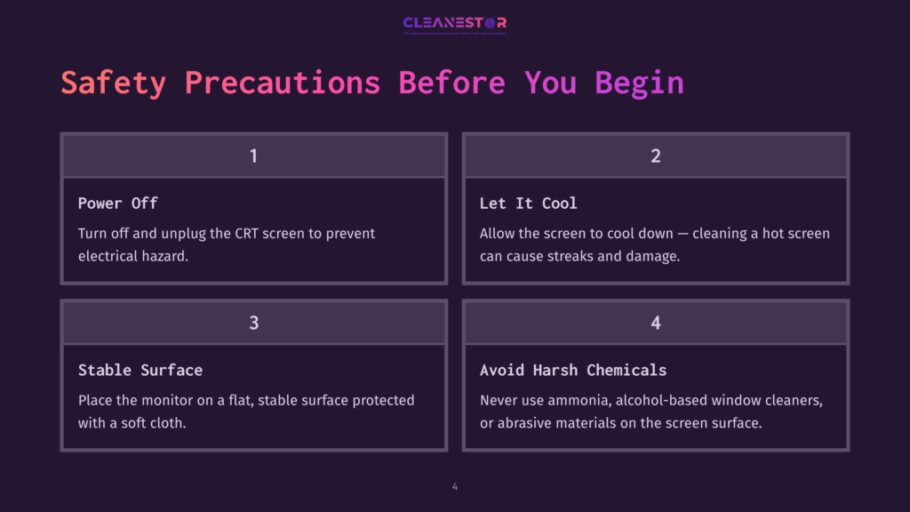 Four Numbered Safety Precautions In A Clear Layout On A Dark Purple Background. Each Box Contains Instructions For Safely Cleaning A Crt Screen.