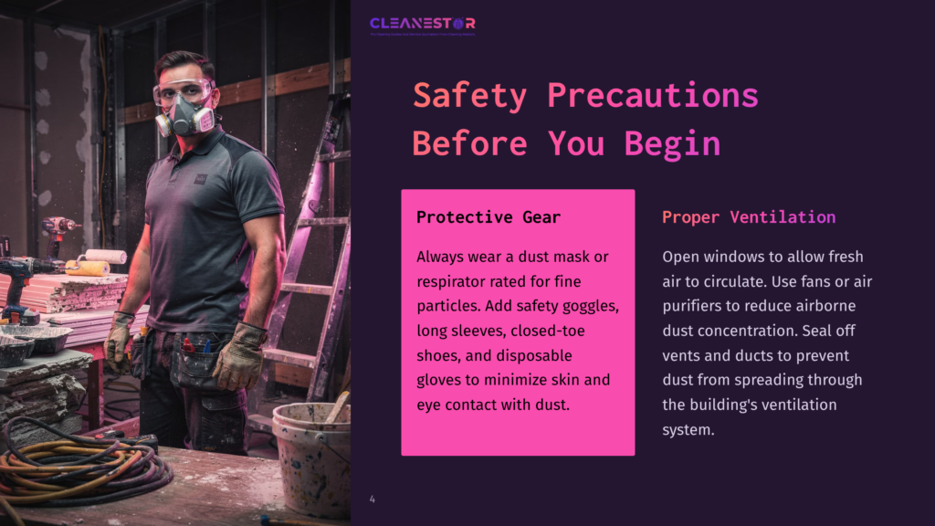 A Man In A Respirator Mask, Safety Goggles, And Work Clothes Stands In A Construction Area, With Text Overlaying The Right Side Of The Image Detailing &Quot;Safety Precautions Before You Begin,&Quot; &Quot;Protective Gear,&Quot; And &Quot;Proper Ventilation.