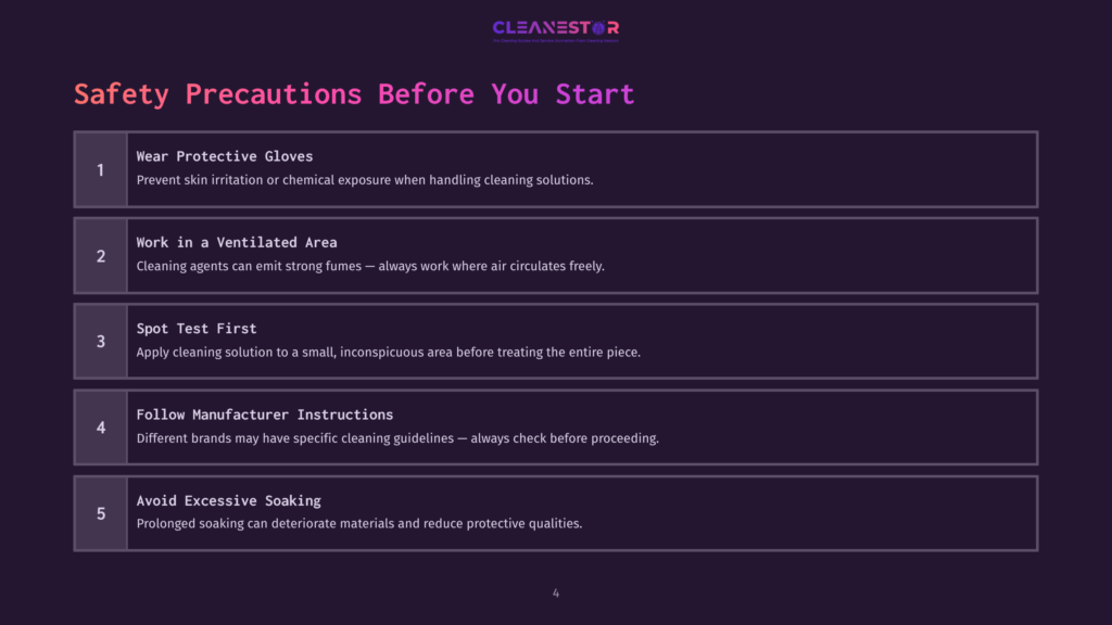 Safety Precautions Before You Start Cleaning: Wear Protective Gloves, Work In A Ventilated Area, Spot Test First, Follow Manufacturer Instructions, And Avoid Excessive Soaking. Text On A Dark Purple Background.