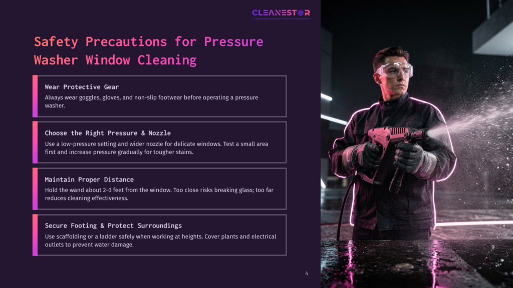 A Man In Safety Gear, Including Goggles And Gloves, Uses A Pressure Washer To Clean Windows At Night. The Text &Quot;Cleanestar&Quot; Is Visible At The Top.
