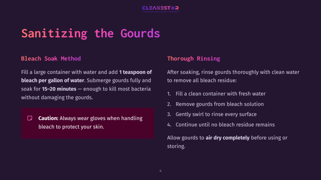 Text Instructions On Cleaning Gourds, Featuring Two Methods: Bleach Soak And Thorough Rinsing, With A Dark Purple Background And White Text.