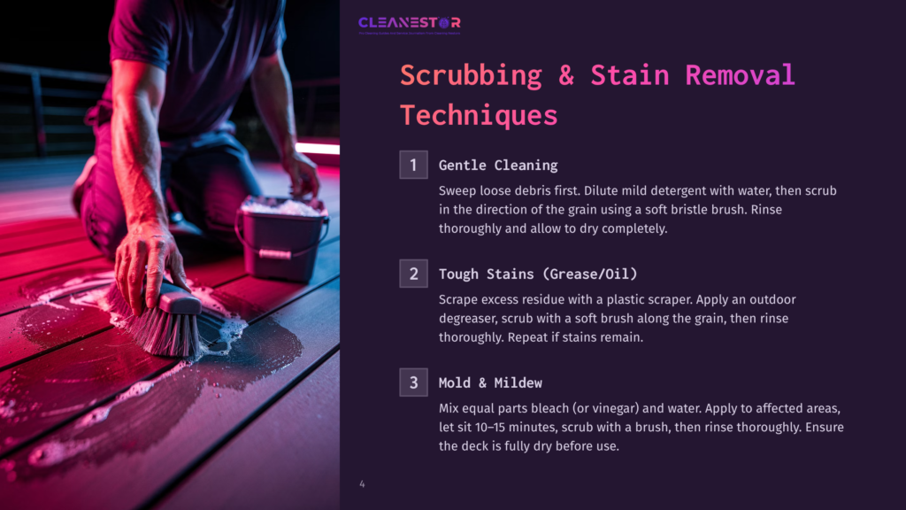 A Person Scrubbing A Wooden Deck With A Brush, Surrounded By Cleaning Supplies And A Bucket, Set Against A Purple Background.