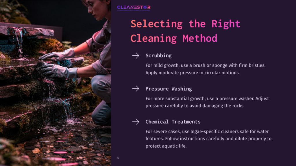 A Person Wearing Gloves Cleans Algae From Textured Rocks Beside A Waterfall, With Cleaning Methods Listed In The Background.