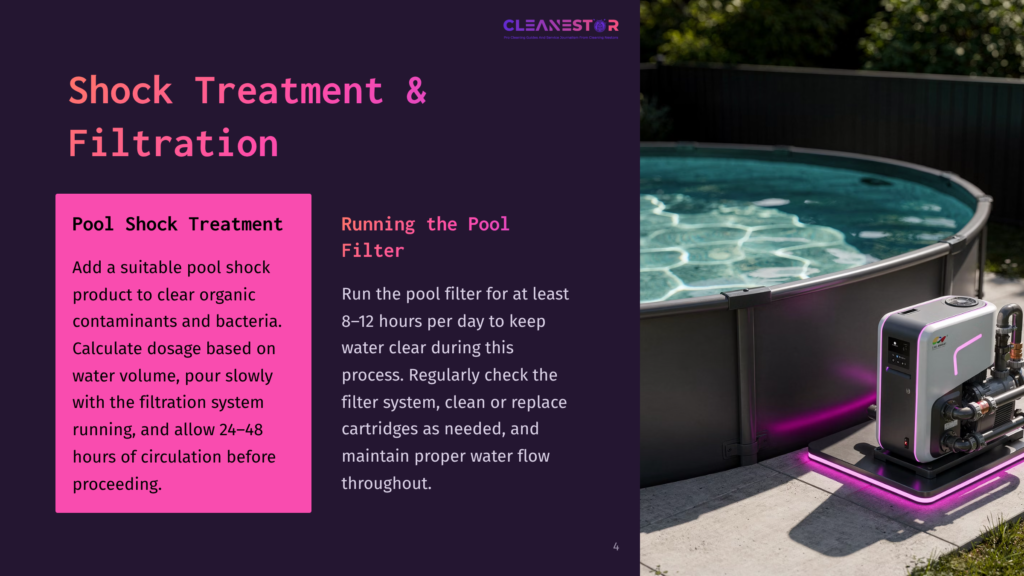 4 Shock Treatment And Filtration A Modern Above-Ground Swimming Pool With A Dark Interior And A Grey Exterior Is Illuminated By Purple Led Lights. A Sleek, White Pool Pump And Filter System Sits On A Black Platform Next To The Pool. Text Overlays Describe &Quot;Shock Treatment &Amp; Filtration&Quot; And &Quot;Running The Pool Filter&Quot;.