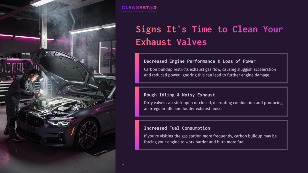 Mechanic Inspecting Car Engine Under Bright Light, With &Quot;Signs It'S Time To Clean Your Exhaust Valves&Quot; Text Overlay And Bullet Points About Engine Performance, Rough Idling, And Fuel Consumption.