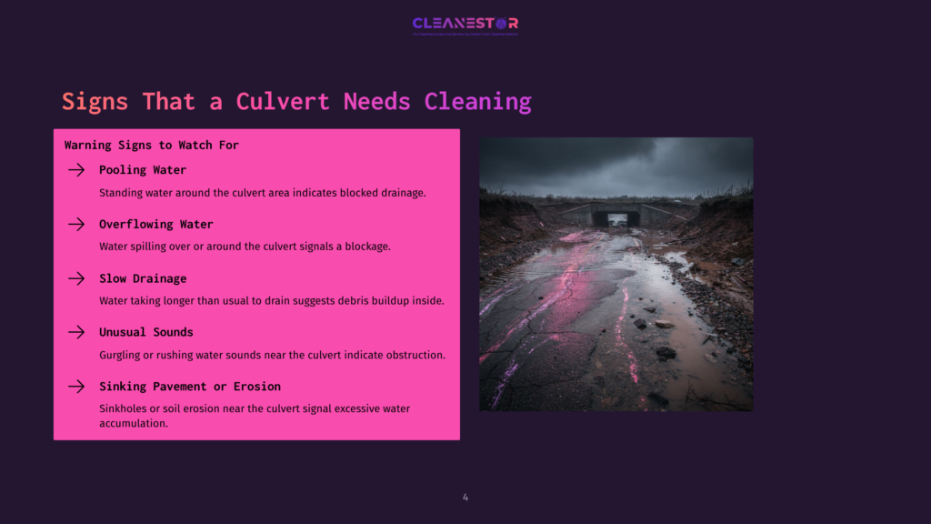 A Dark, Muddy Culvert With Pooling Water And Debris, Alongside Highlighted Text Listing Warning Signs For Cleaning Needs.