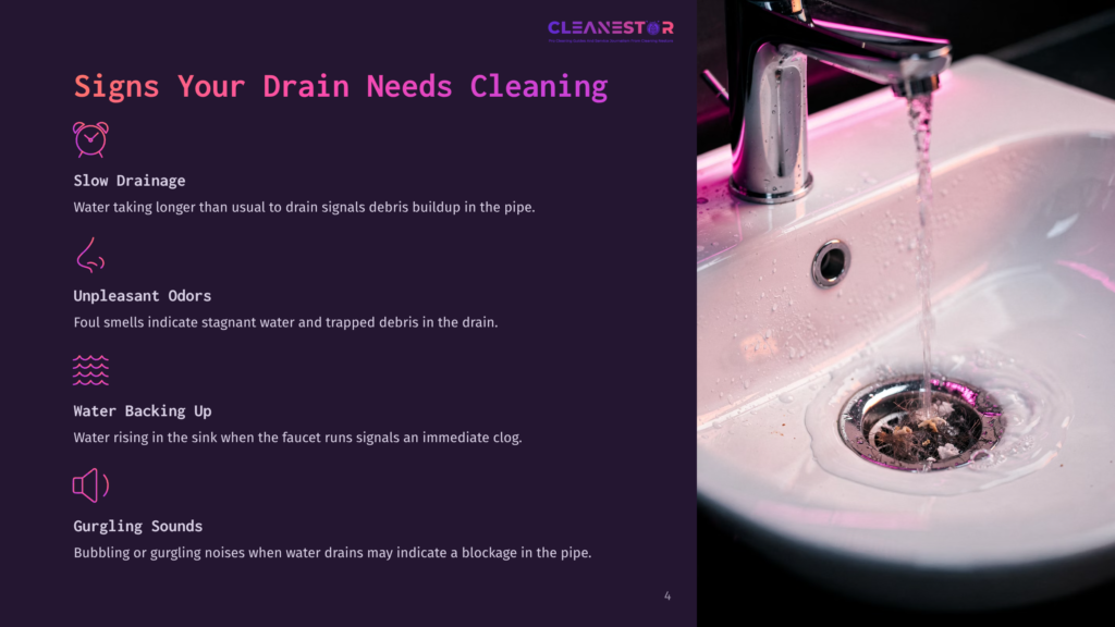 A Sink Drain With Slow-Moving Water And Visible Debris, Illustrating Signs Your Drain Needs Cleaning, Including Slow Drainage, Unpleasant Odors, Water Backing Up, And Gurgling Sounds.