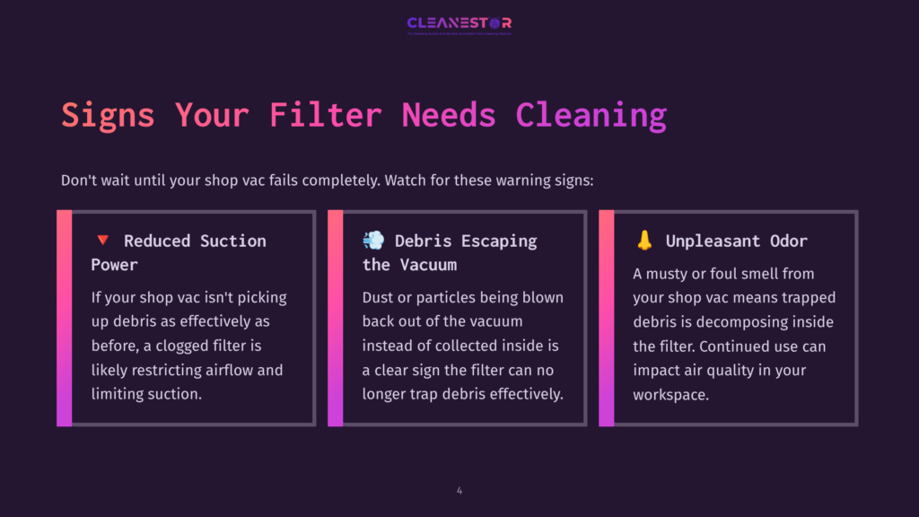 4 Signs Your Filter Needs Cleaning Three Panels Illustrate Signs Your Shop Vac Needs Cleaning: Reduced Suction, Debris Escaping The Vacuum, And Unpleasant Odors From A Decomposing Filter.