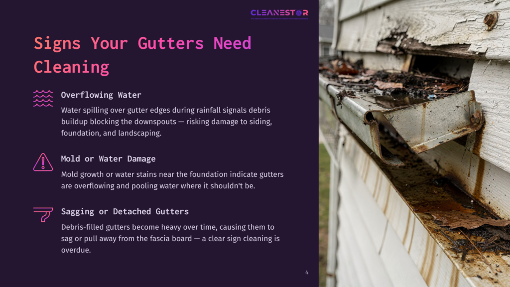 4 Signs Your Gutters Need Cleaning Close-Up Of A Clogged Gutter Filled With Wet Leaves And Debris, Overflowing Water, And Visible Mold Growth Staining The White Wooden Fascia Board Of A House, Indicating A Need For Gutter Cleaning.