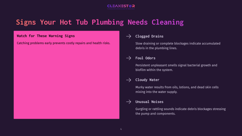 A Dark Purple Slide With The Title &Quot;Signs Your Hot Tub Plumbing Needs Cleaning&Quot; Lists Warning Signs Like &Quot;Clogged Drains&Quot; And &Quot;Foul Odors,&Quot; With A Pink Box On The Left Titled &Quot;Watch For These Warning Signs.