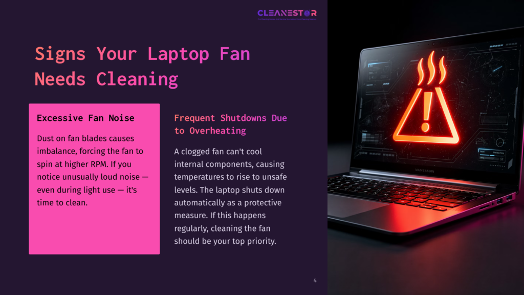 A Laptop With A Glowing Red Warning Symbol And The Text &Quot;Signs Your Laptop Fan Needs Cleaning&Quot; Displayed On Its Screen. The Laptop Is Dark And Sits On A Black Surface, With A Red Glow Emanating From Its Interior, Suggesting Overheating.