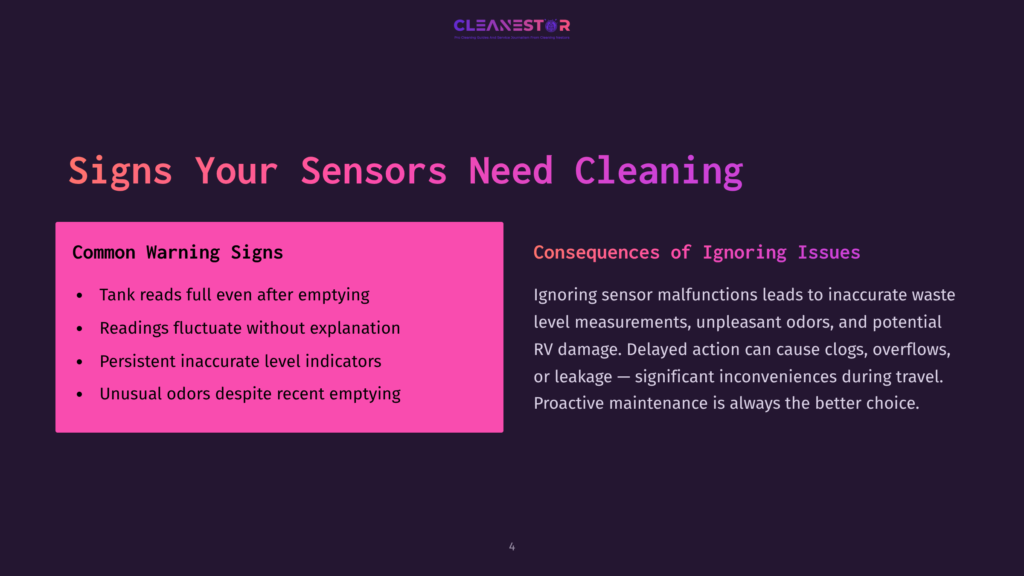 A Presentation Slide Titled &Quot;Signs Your Sensors Need Cleaning&Quot; Lists Common Warning Signs Such As &Quot;Tank Reads Full Even After Emptying&Quot; And &Quot;Unusual Odors Despite Recent Emptying,&Quot; Along With &Quot;Consequences Of Ignoring Issues&Quot; Like Clogs And Overflows.
