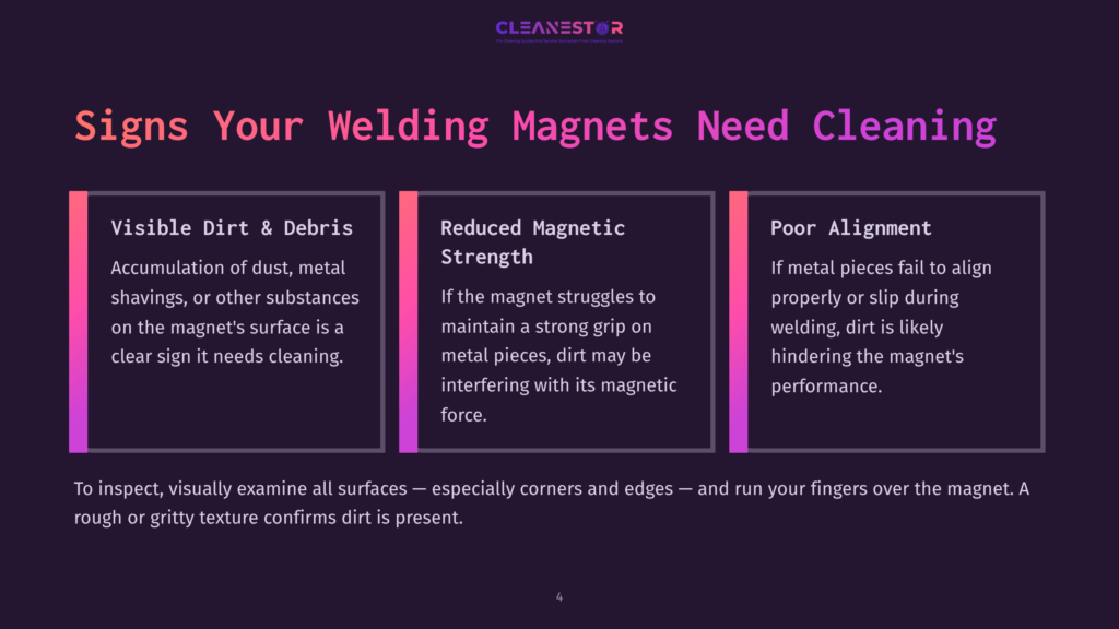 A Graphic Titled &Quot;Signs Your Welding Magnets Need Cleaning&Quot; With Three Columns: &Quot;Visible Dirt &Amp; Debris&Quot;, &Quot;Reduced Magnetic Strength&Quot;, And &Quot;Poor Alignment&Quot;. The Graphic Details How To Identify Dirty Welding Magnets.