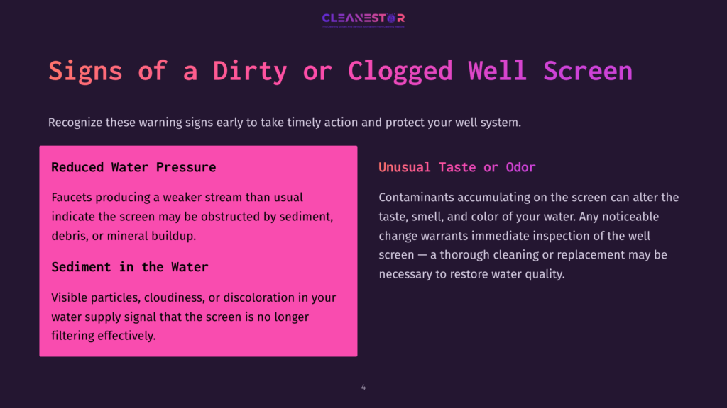 Text On A Pink And Purple Background Outlines Signs Of A Dirty Well Screen, Focusing On Reduced Water Pressure, Sediment, And Unusual Taste Or Odor.