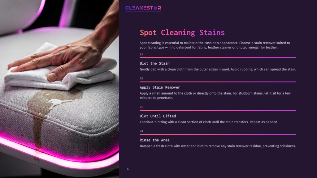 A Person Using A Cloth To Blot A Stain On A Grey Office Chair Cushion With Pink Lighting Underneath, Alongside Cleaning Instructions.