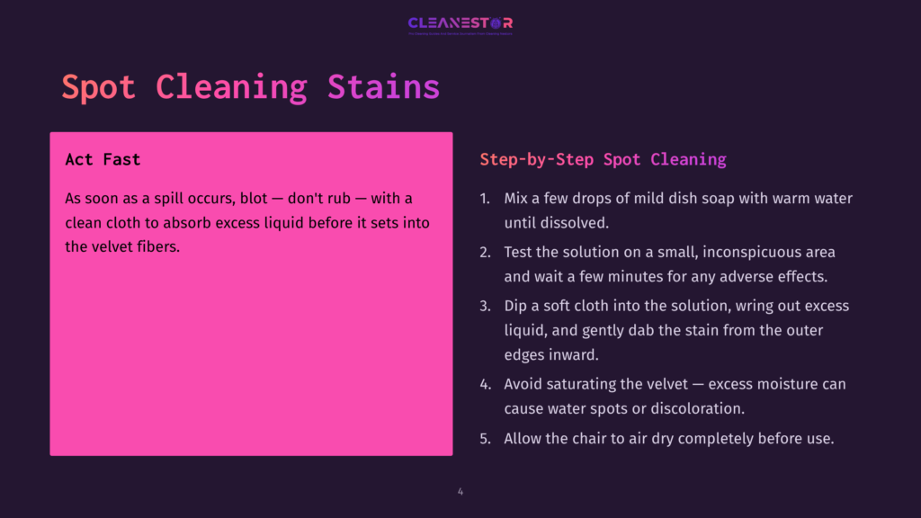 4 Spot Cleaning Stains 2 Cleanestor Logo At The Top Of A Dark Purple Slide With A Pink Rectangle On The Left. The Pink Rectangle Contains The Text &Quot;Act Fast&Quot; And Instructions For Spill Cleaning On Velvet. The Right Side Of The Slide Has &Quot;Step-By-Step Spot Cleaning&Quot; And Five Numbered Instructions For Spot Cleaning.