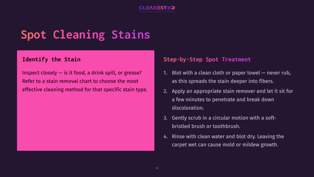 A Presentation Slide Titled &Quot;Spot Cleaning Stains&Quot; With A Pink Section Detailing Stain Identification And A Purple Section Outlining Step-By-Step Stain Treatment Methods.