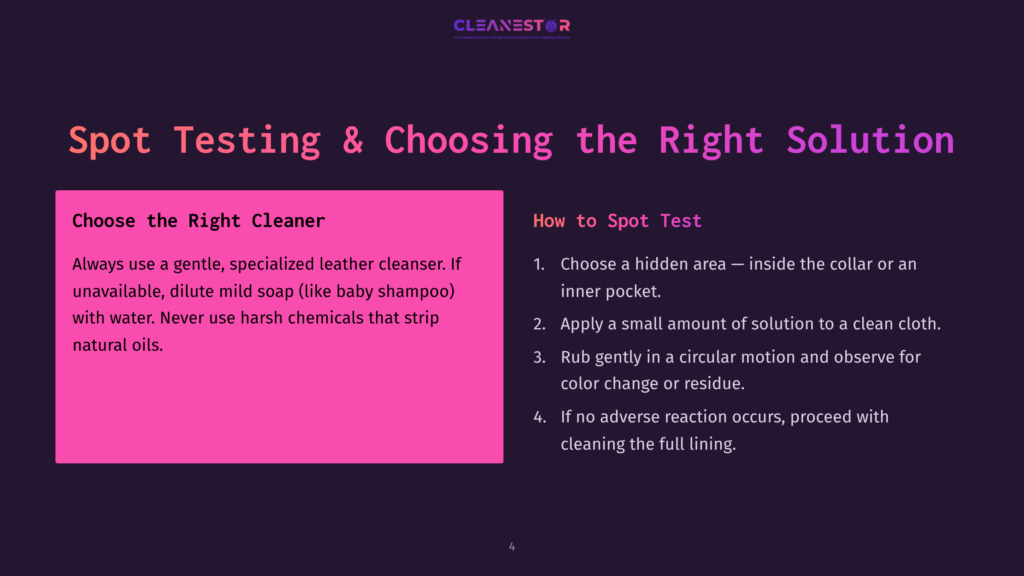 Slide 4: &Quot;Spot Testing &Amp; Choosing The Right Solution&Quot; With Instructions On How To Spot Test Cleaner On Leather, Including Choosing The Right Cleaner And Testing In A Hidden Area.
