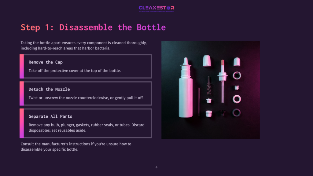 Step 1: Disassemble The Bottle. A White Nasal Spray Bottle And Its Disassembled Components, Including The Cap, Nozzle, And Internal Tube, Are Neatly Arranged On A Dark, Textured Surface.