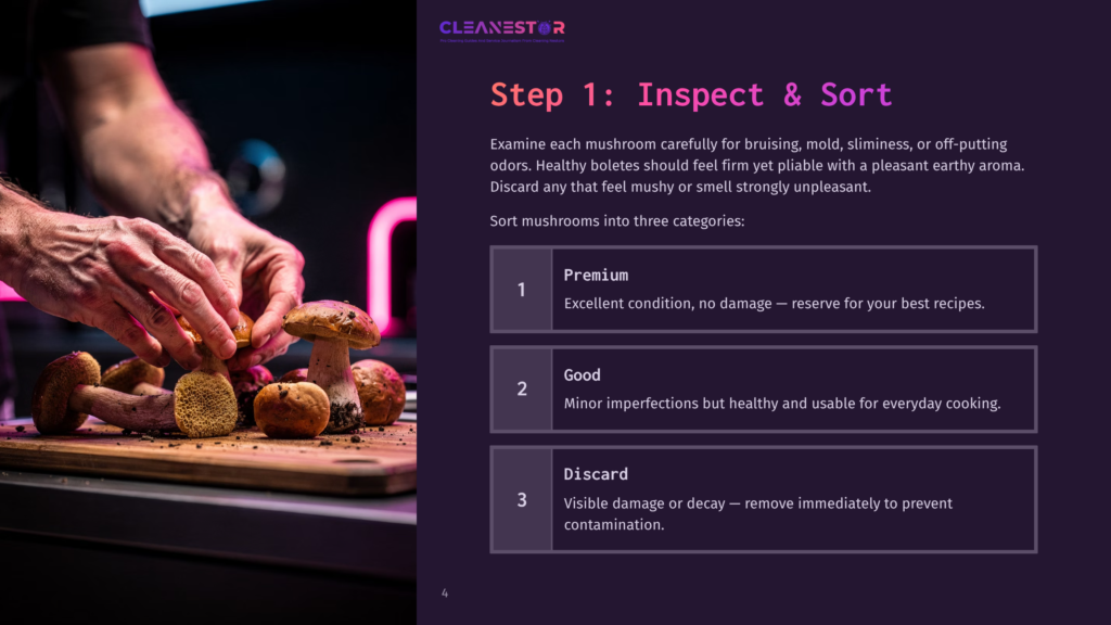 Hands Carefully Inspect Fresh Mushrooms On A Wooden Cutting Board, With Text Overlaying The Right Side Of The Image Detailing Mushroom Inspection Categories: &Quot;Premium,&Quot; &Quot;Good,&Quot; And &Quot;Discard.