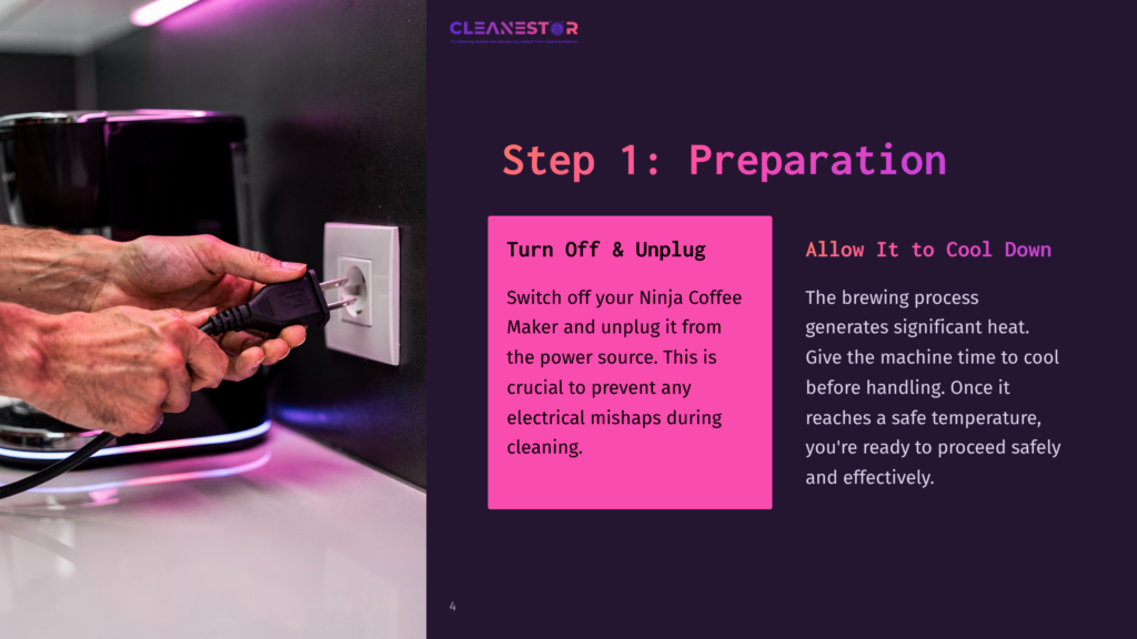 A Hand Unplugs A Ninja Coffee Maker From A Wall Outlet, With A Modern Coffee Machine And Colorful Lighting In The Background.