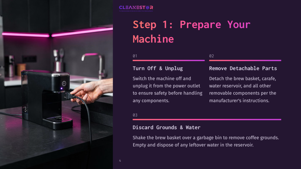 4 Step 1 Prepare Your Machine Step 1: Prepare Your Machine. A Hand Unplugs A Sleek Black Coffee Maker From A Wall Outlet In A Modern Kitchen With Pink Led Lighting.