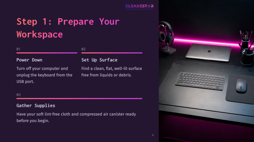 Step 1: Prepare Your Workspace. A Clean Desk Setup With A Laptop, Keyboard, Mouse, And Headphones, Illuminated By Pink Neon Lighting.