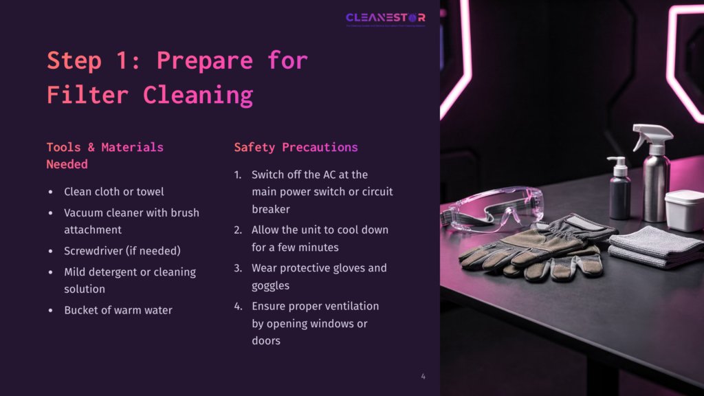 Step 1 Includes A List Of Tools And Safety Precautions For Cleaning An Ac Filter, Set Against A Dark, Modern Background With Neon Accents.