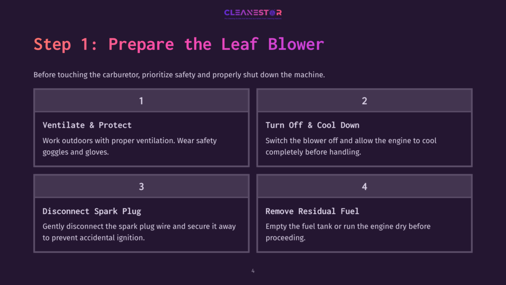 Step-By-Step Instructions On Cleaning A Leaf Blower Carburetor, With Numbered Sections, Icons, And A Dark Purple Background.