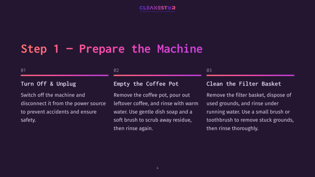 Step 1: Prepare The Machine. Instructions Include Turning Off And Unplugging The Coffee Maker, Emptying And Cleaning The Coffee Pot, And Cleaning The Filter Basket.