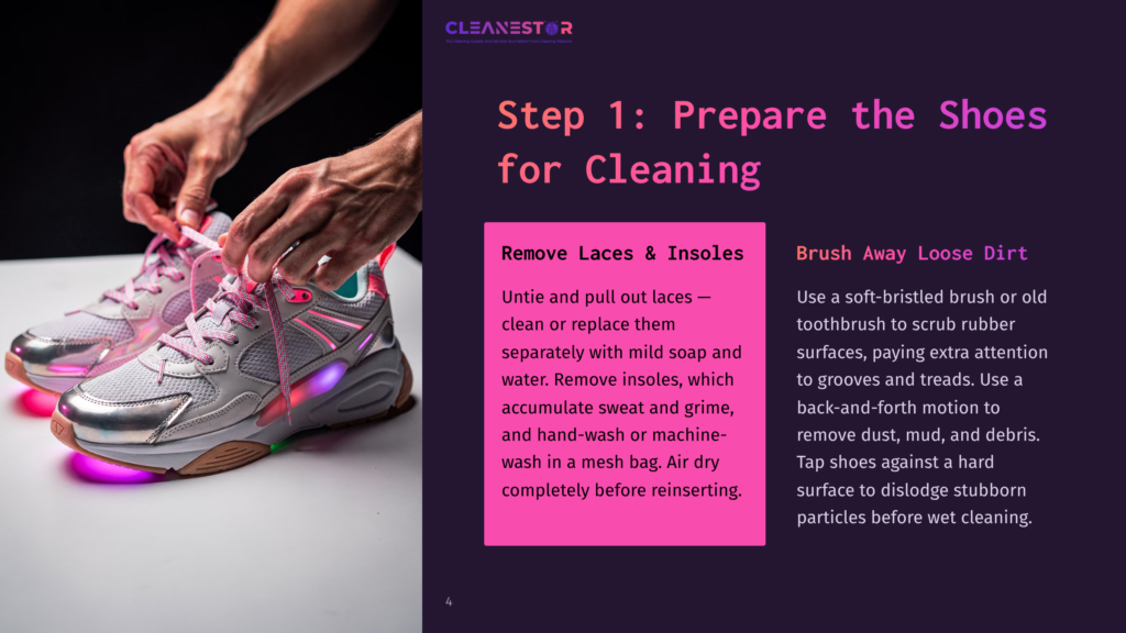 Close-Up Of Hands Untying Pink Laces On A White And Silver Sneaker With Glowing Purple Lights, Preparing For Shoe Cleaning.