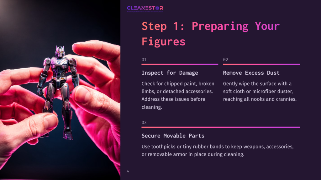 4 Step 1 Preparing Your Figures A Close-Up Of Hands Holding An Action Figure, With A Dark Background And Instructional Text About Cleaning And Preparing Figures.