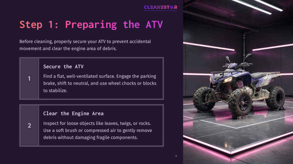 4 Step 1 Preparing The Atv A Blue Atv Secured On A Flat Surface, With A Pink-Lit Background, Accompanied By Text Outlining Cleaning Preparation Steps.