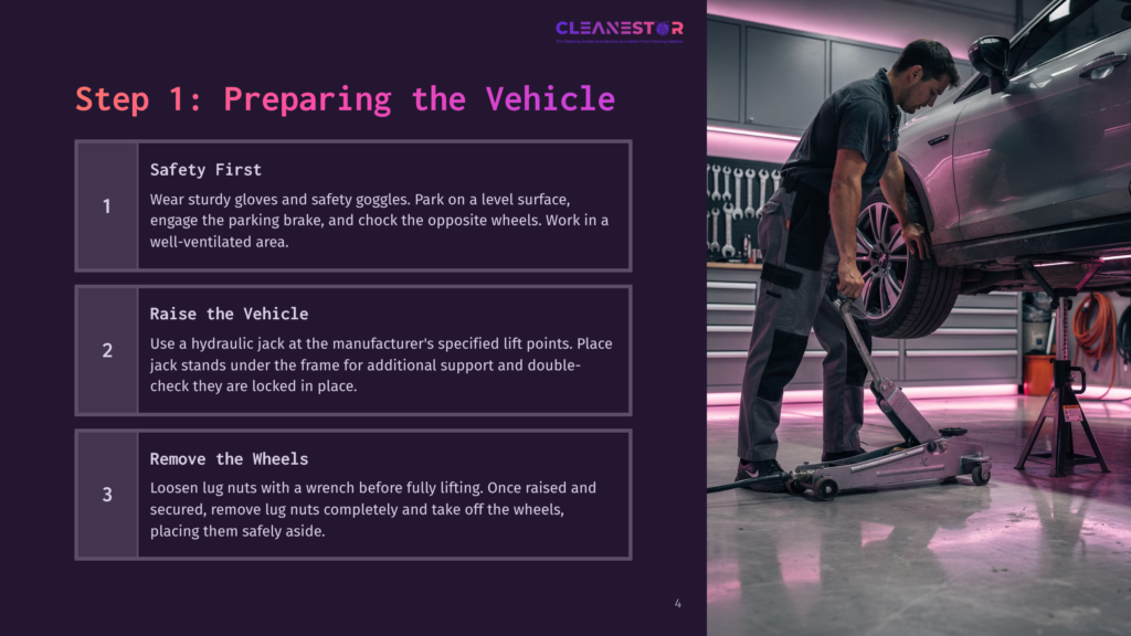 Step 1: Preparing The Vehicle. A Car Is Lifted On A Hydraulic Jack For Wheel Removal In A Well-Lit Garage. Safety Instructions Are Displayed On The Left.