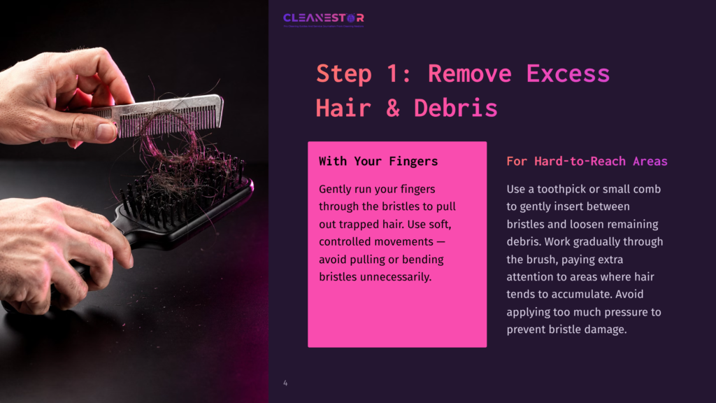 Step 1: Remove Excess Hair &Amp; Debris From A Hairbrush. A Hand Uses A Comb To Remove Tangled Hair From A Black Hairbrush.