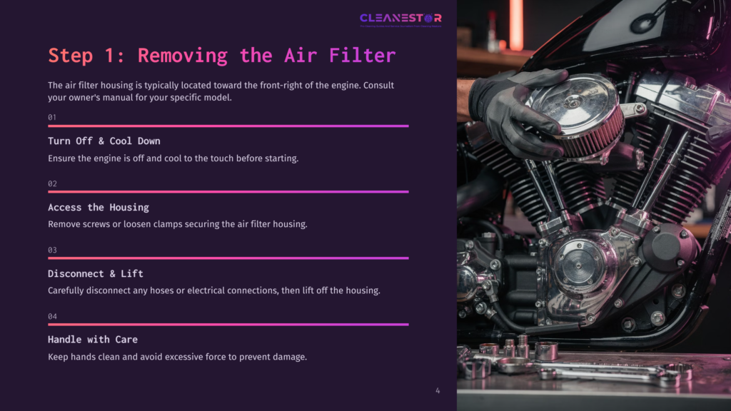 A Mechanic'S Hand Holds A Motorcycle Air Filter, With A Detailed Engine Layout In The Background, Featuring Silver And Black Components.