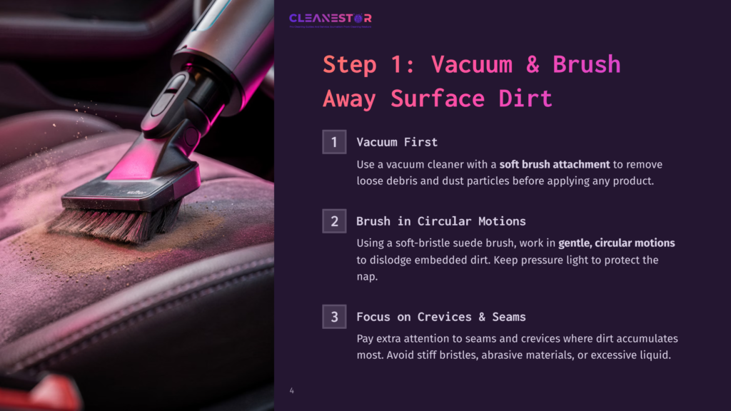 Close-Up Of A Car Interior Detailing Brush With A Vacuum Attachment Working On A Dusty Leather Car Seat, With The Text &Quot;Step 1: Vacuum &Amp; Brush Away Surface Dirt&Quot; Visible.