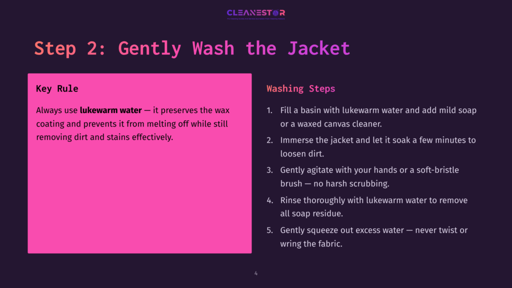 Slide Titled &Quot;Step 2: Gently Wash The Jacket&Quot; With Key Rule About Using Lukewarm Water And Washing Steps For Cleaning A Jacket.