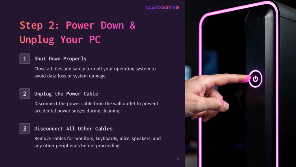 Step 2: Power Down &Amp; Unplug Your Pc. A Hand Presses The Glowing Power Button On A Black Computer Tower With Pink Led Lighting.
