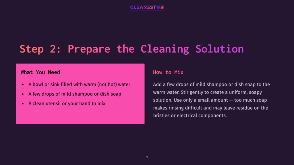 A Purple And Black Infographic Showing Steps To Mix A Cleaning Solution, Including Warm Water And Mild Shampoo, With Clear Instructions.