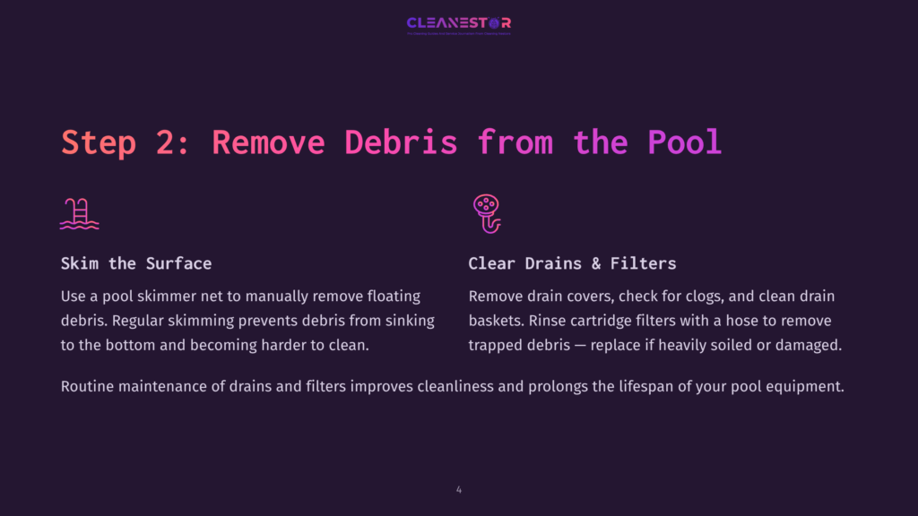 A Graphic Outlining Pool Cleaning Steps, Featuring A Skimmer Net, Drains, And Filters. Text Highlights The Importance Of Debris Removal.