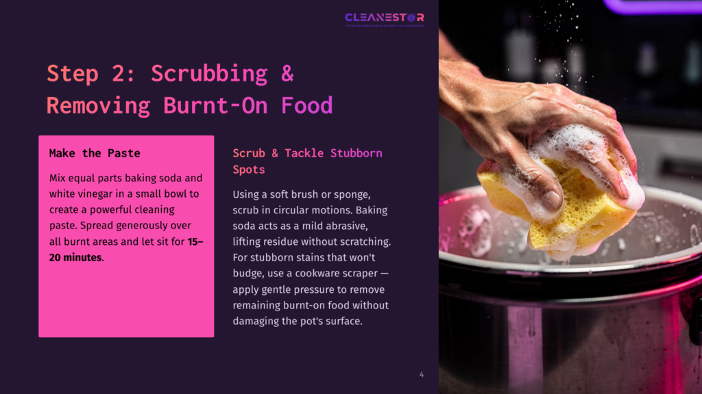 A Person Scrubs A Crock Pot With A Yellow Sponge, Surrounded By A Bowl Of Baking Soda And Vinegar, Against A Dark Background.