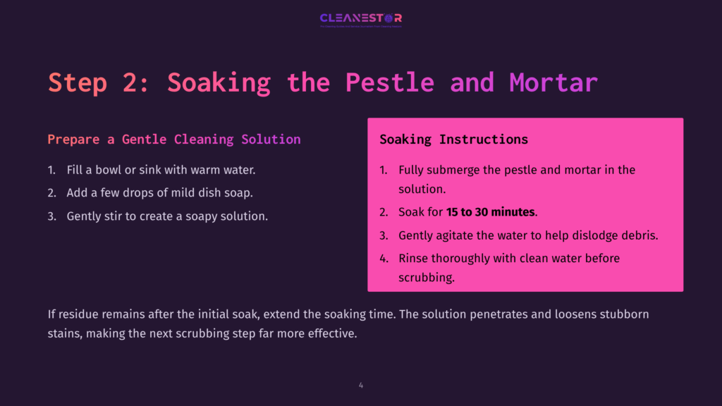 Instructions Feature A Step-By-Step Guide With A Purple Background, Detailing Soaking A Pestle And Mortar In Soapy Water For Cleaning.