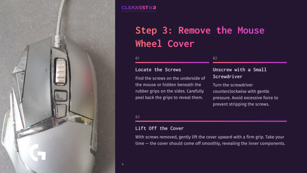4 Step 3 Remove The Mouse Wheel Cover A Logitech G502 Gaming Mouse With Screws Indicated On The Underside And A Screwdriver Shown, Along With Instructions For Removing The Wheel Cover.