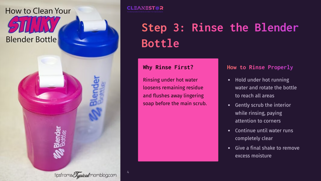 Two Blender Bottles In Pink And Blue, Alongside Washing Instructions On Rinsing Techniques, With Emphasis On Soap And Rinsing Tips.