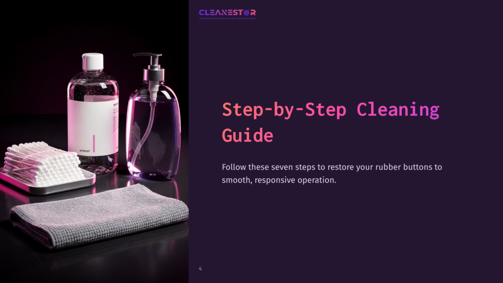 4 Step By Step Cleaning Guide 1 Two Clear Bottles Of Cleaning Solution, A Microfiber Cloth, And Cotton Swabs Arranged On A Dark Surface With A Purple Background.